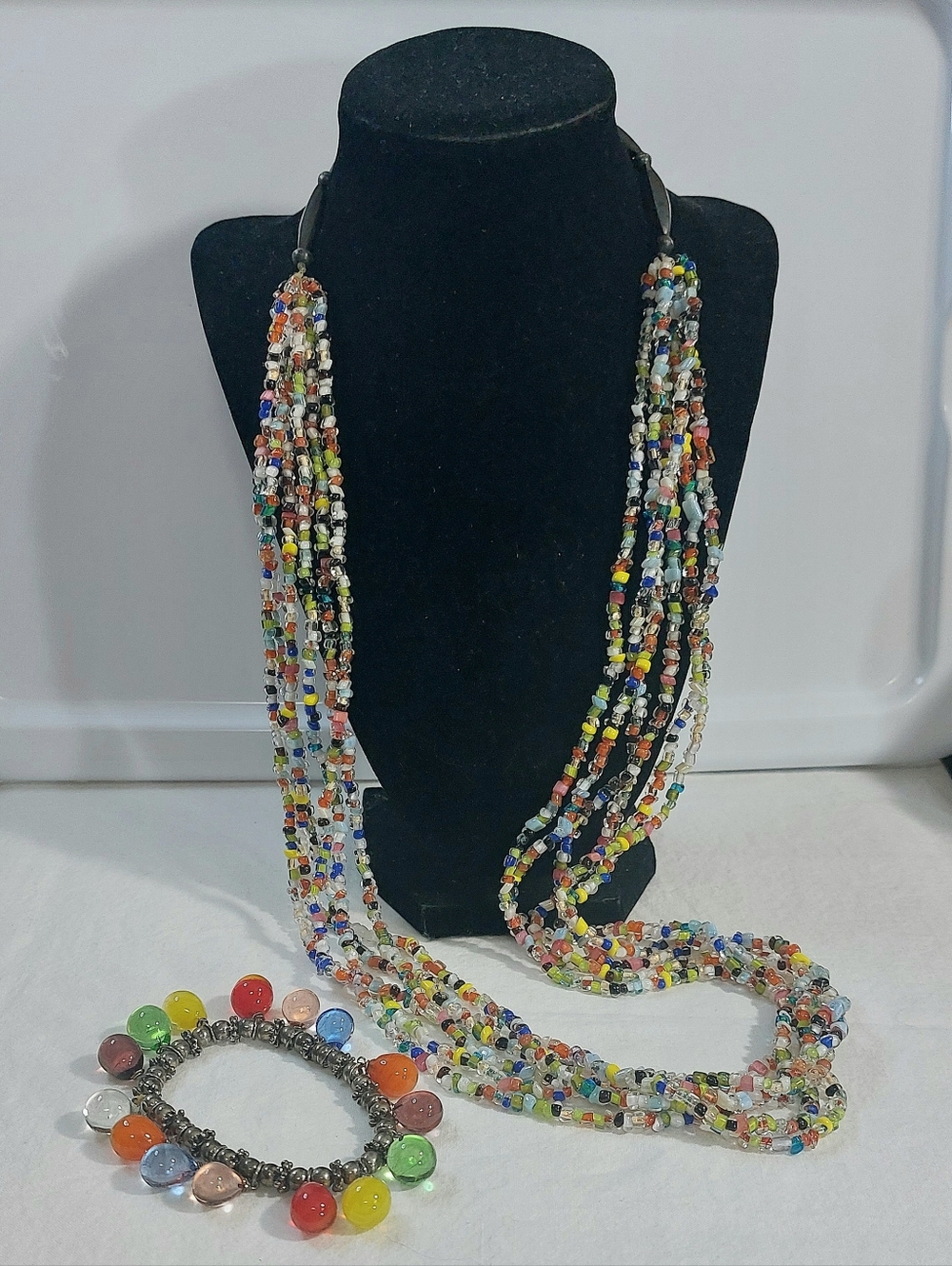 80s Colorful Multi-Strand Glass Bead Necklace and Bracelet Set - Womens Jewelry